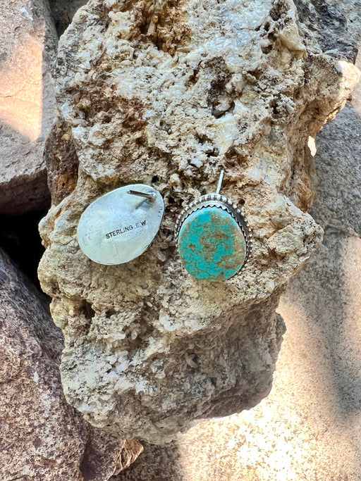 Turquoise stone and silver earring on a rock