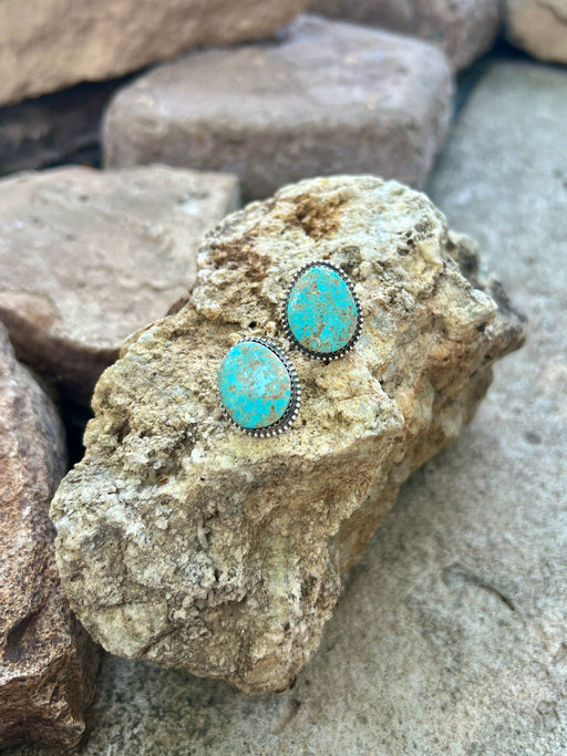 Turquoise stone earrings on a rock with stones in the background