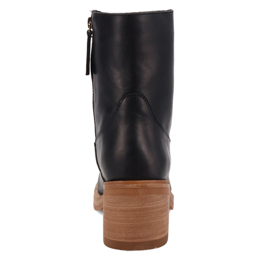 Black leather boot with a brown sole on a white background