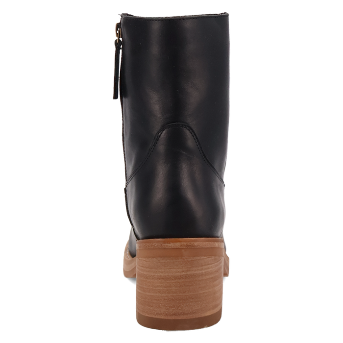 Black leather boot with a brown sole on a white background