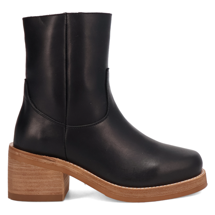 Black leather boot with a wooden heel on a white background