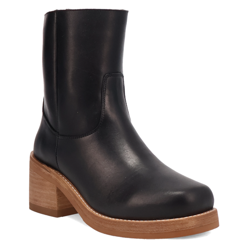 Black leather ankle boot with a wooden heel on a white background