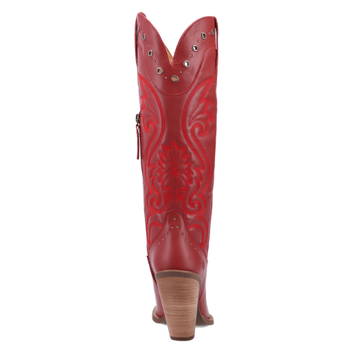Red cowboy boot with intricate design on a white background