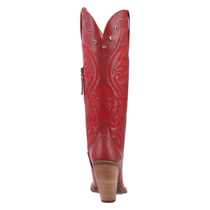Red cowboy boot with intricate design on a white background
