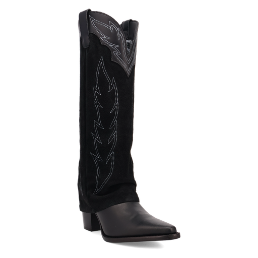 Black cowboy boot with intricate stitching on a white background