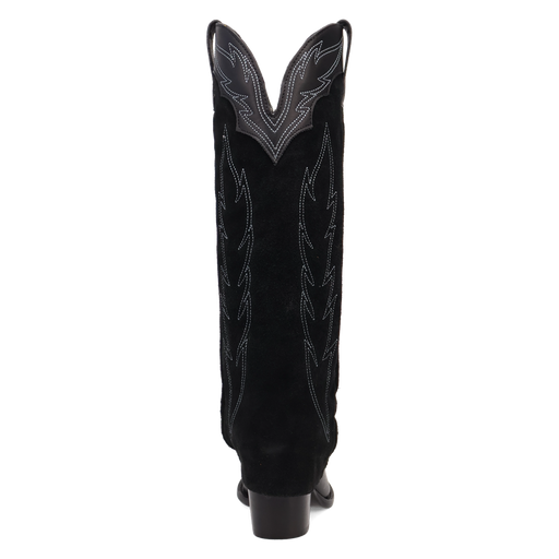 Black cowboy boot with intricate white stitching on a white background
