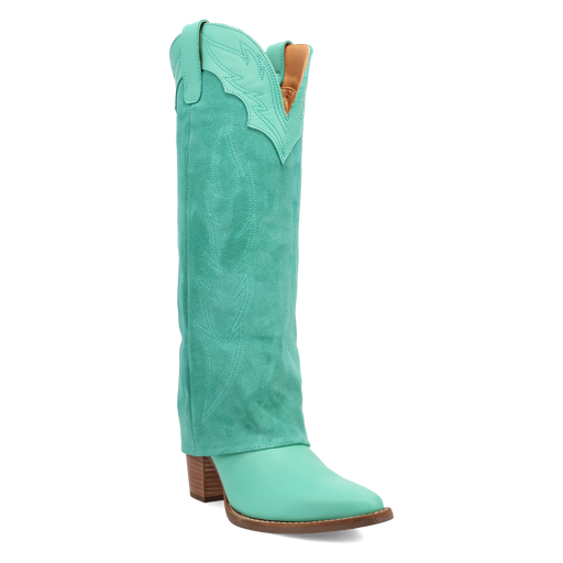 Turquoise cowboy boot with brown accents on a white background
