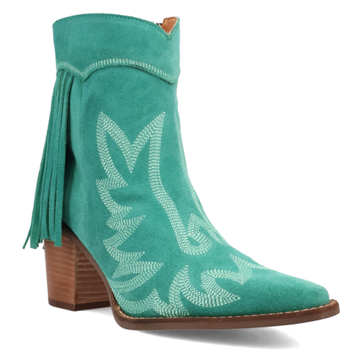 Teal cowboy boot with embroidery and fringes on a white background