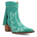 Teal cowboy boot with embroidery and fringes on a white background