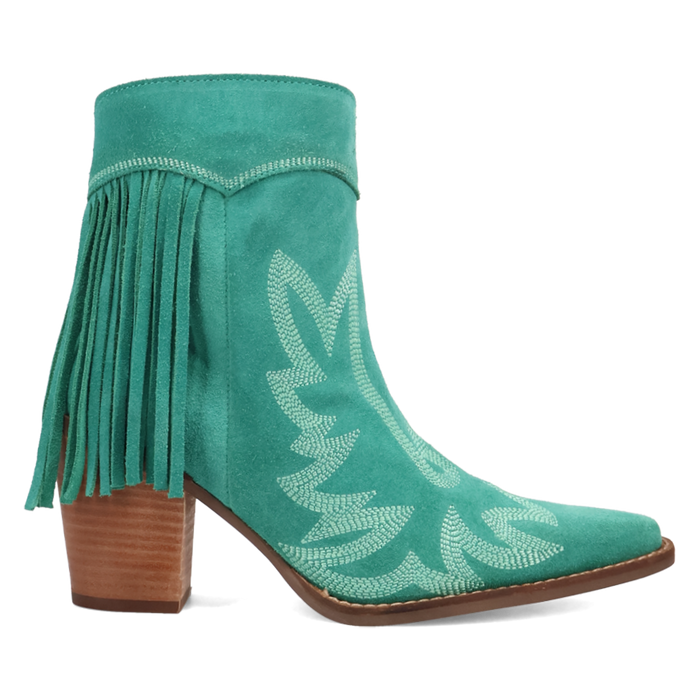 Teal boot with fringe and embroidery on a white background