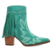 Teal boot with fringe and embroidery on a white background