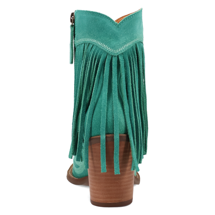 Green suede fringe boot with brown heel on a white background
