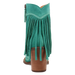 Green suede fringe boot with brown heel on a white background