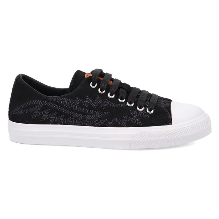 Black sneaker with white sole on a white background