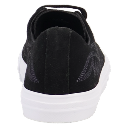 Black slip-on sneaker with white sole on a white background