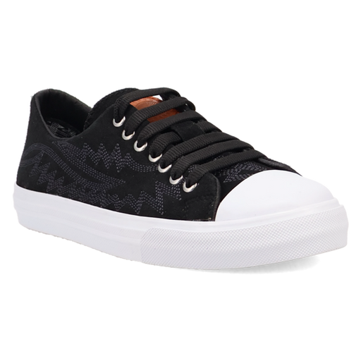 Black sneaker with white sole on a white background