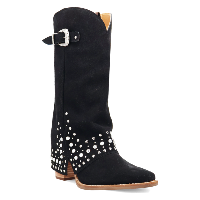 Black cowboy boot with silver studs and buckle on a white background
