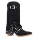 Black cowboy boot with silver studs and buckle on a white background