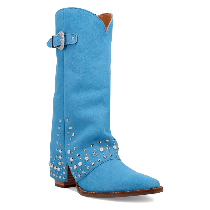 Blue cowboy boot with studded details on a white background