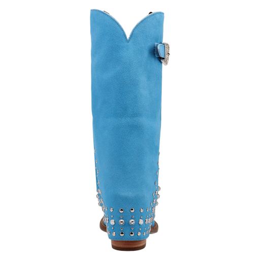 Blue cowboy boot with studded details on a white background