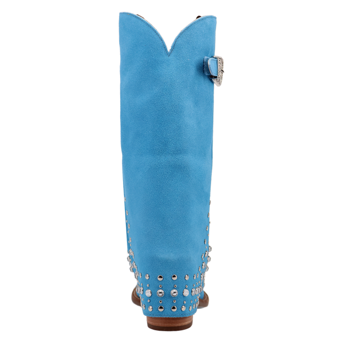 Blue cowboy boot with studded details on a white background