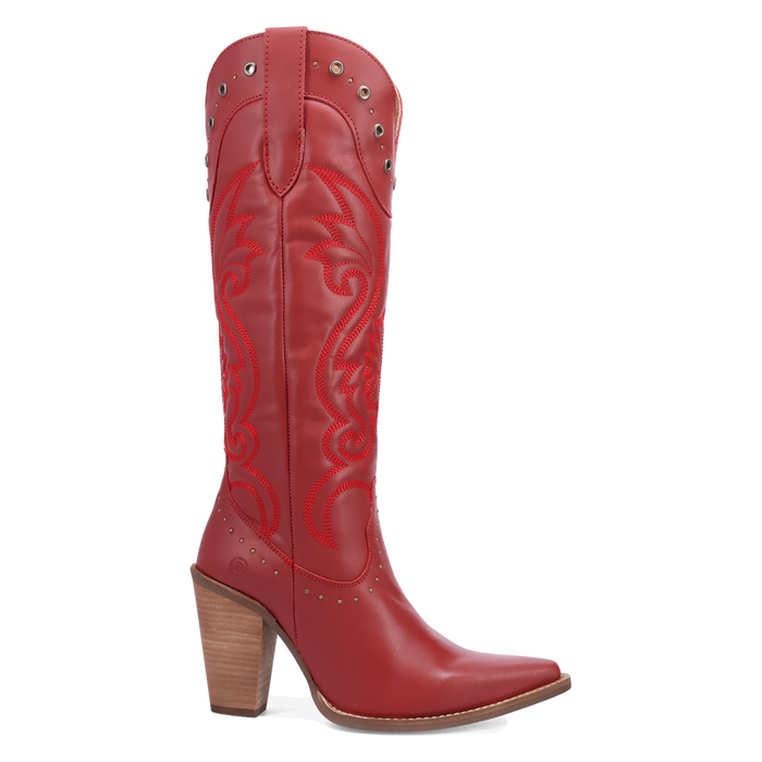 Red cowboy boot with intricate design on a white background